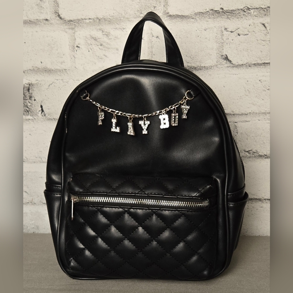 Playboy Quilted Black Faux Leather Mini Backpack with Rhinestone Charm